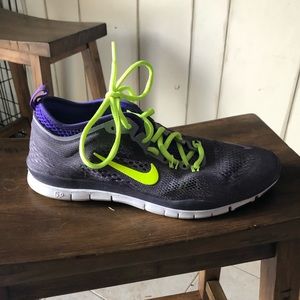 Purple, neon green, & gray Nike Free Run shoes